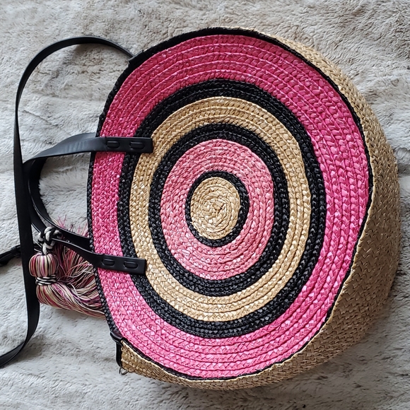 Rebecca Minkoff Pink and Beige Wicker Concentric Circle Tote Hand Bag - Picture 9 of 10
